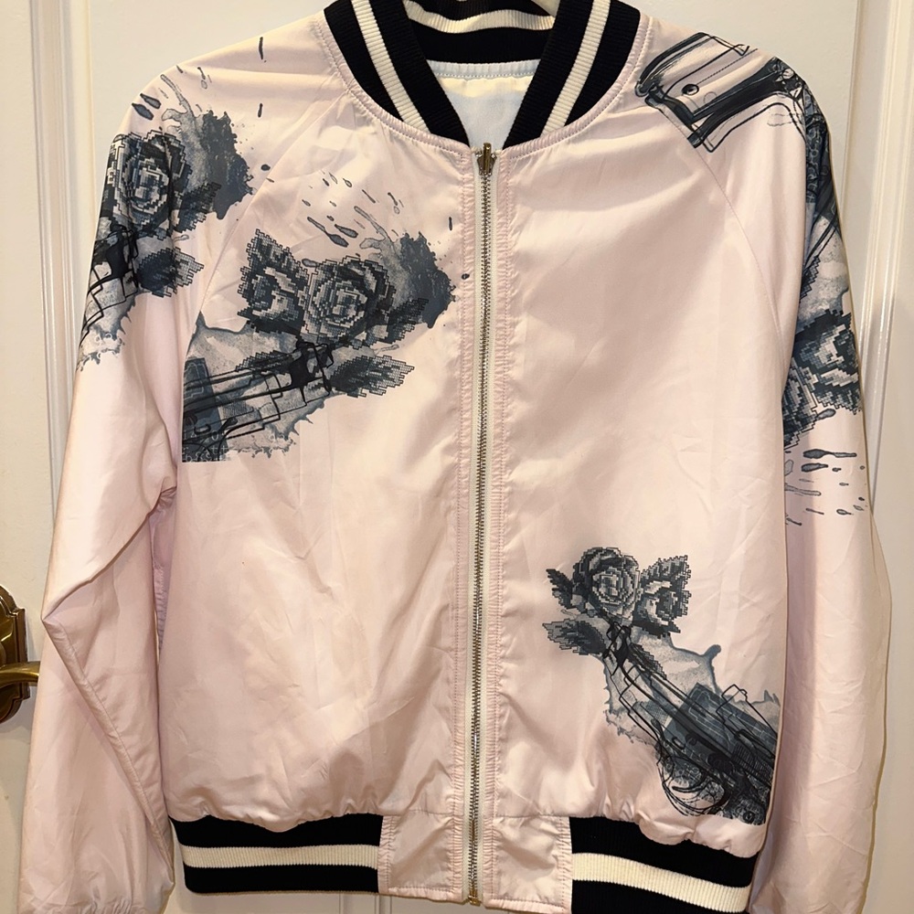 Double Sided Bomber Jacket, Light Pink & Baby Blue Floral vs Black and White